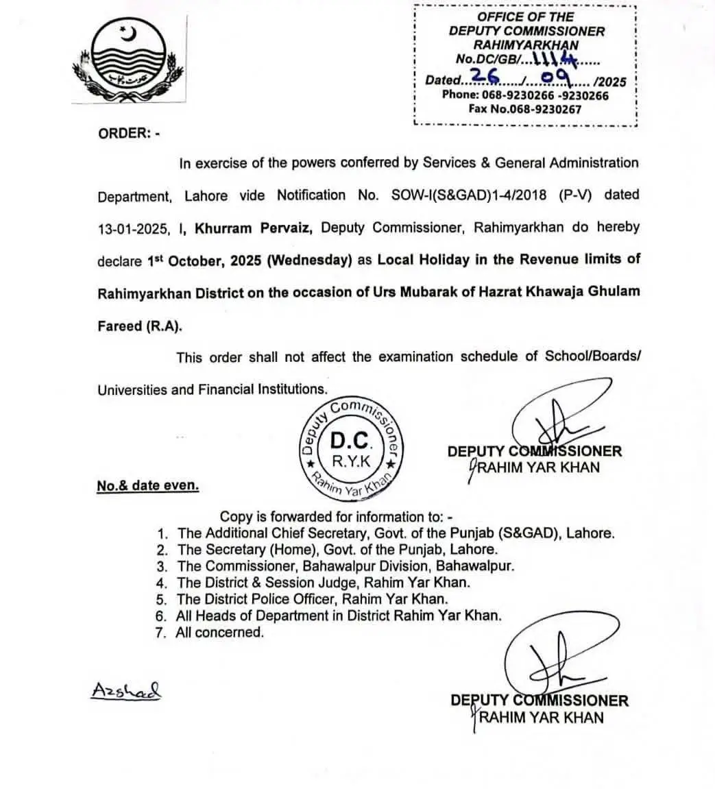 Rahim Yar Khan Holiday 1 October 2025 - Official Notification, Exemptions & What Locals Must Know
