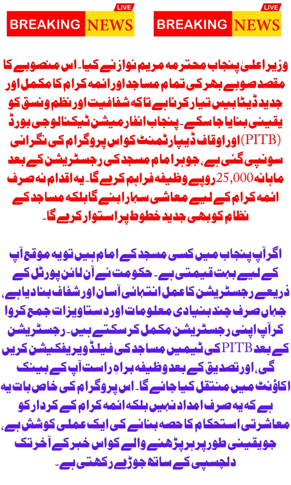 Imam Masjid Registration Form Launched by CM Punjab Maryam Nawaz – Here's How to Apply for 25,000 Imam Stipend