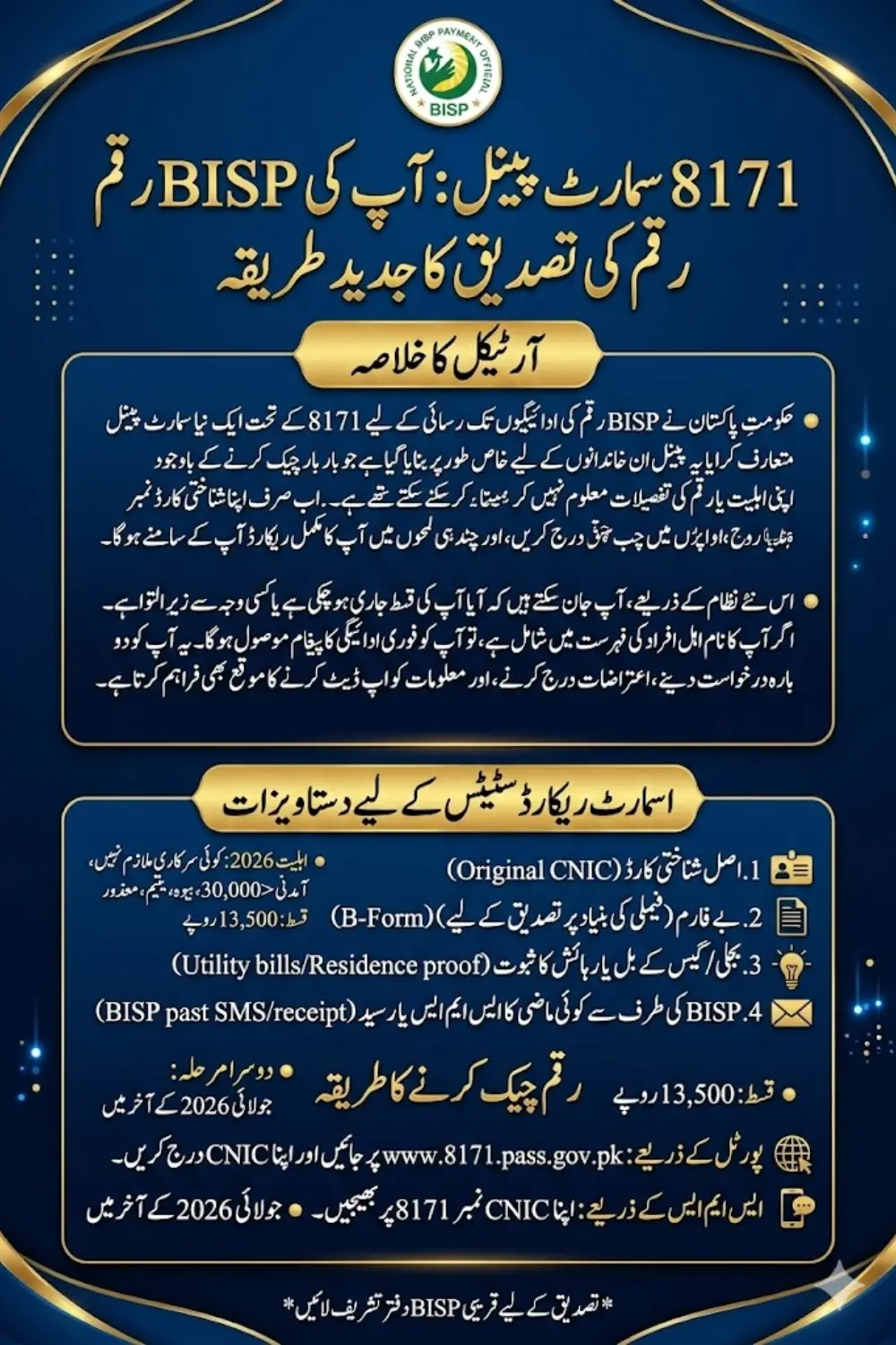 8171 CNIC Verification BISP Payment Insight Check Digital ID Confirmation and 13500 Track