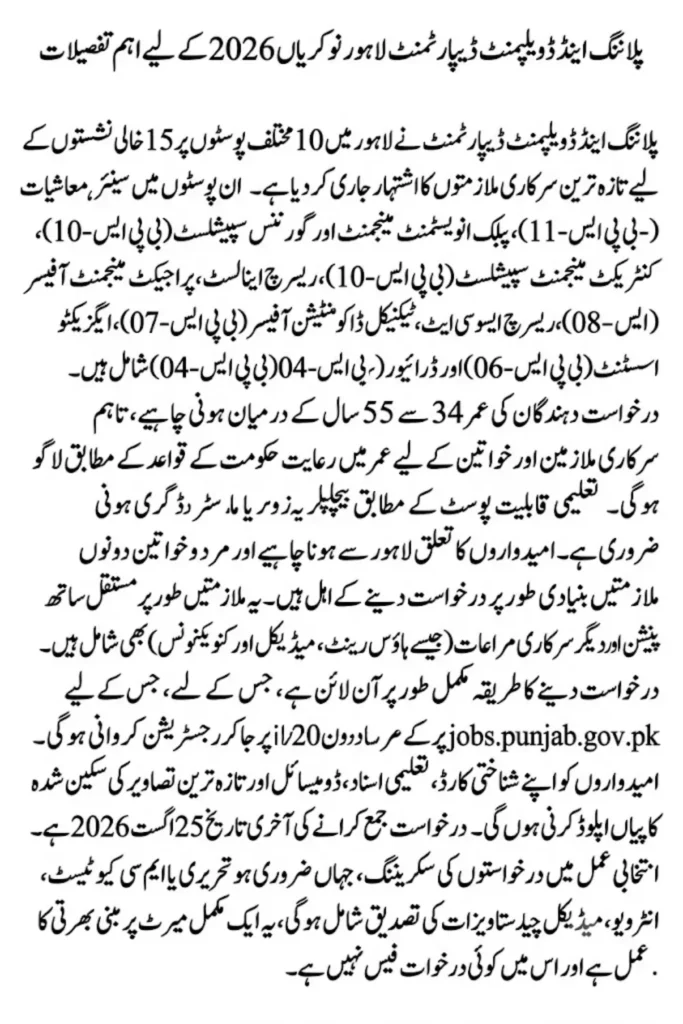 Planning & Development Department Lahore Jobs 2026