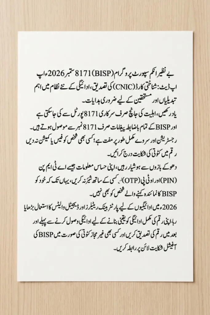 BISP 8171 Update September 2026: CNIC Check, Payment System Changes, and What Beneficiaries Need to Know