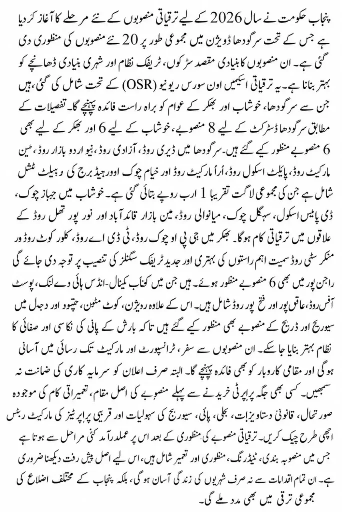 Punjab Development Projects 2026: Sargodha Division Mein 20 New Schemes